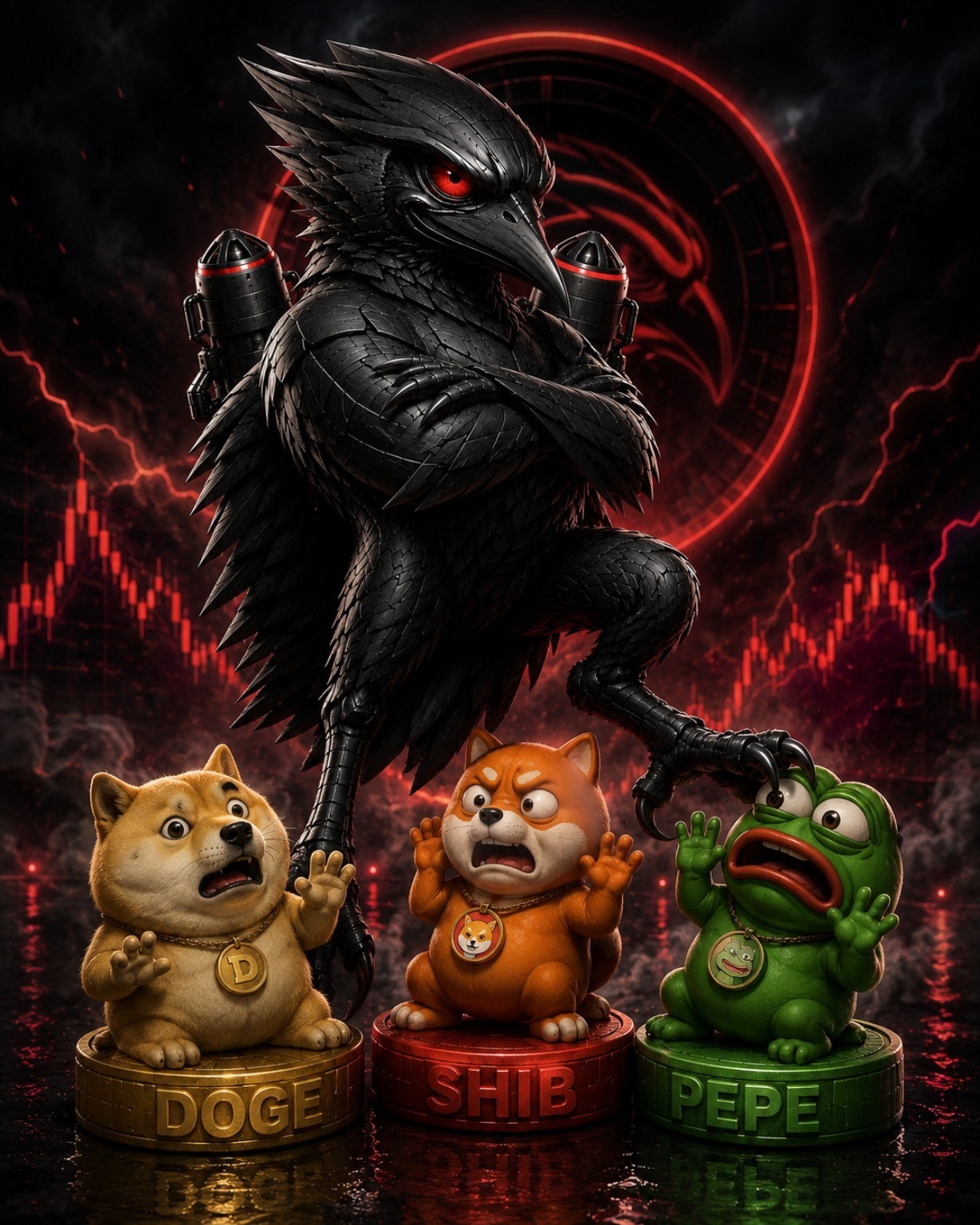 BlackBird towering over Doge, Shib, and Pepe meme characters